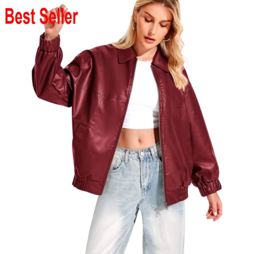 Oversized Faux Leather Bomber Jacket Zip Up Motorcycle Style S-XXL - Picture 4 of 7